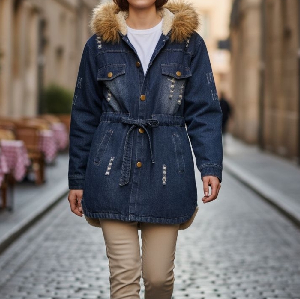 Denim Kids Jacket with Faux Fur Hood‎ Faded And Distressed Sz XL - Picture 11 of 12